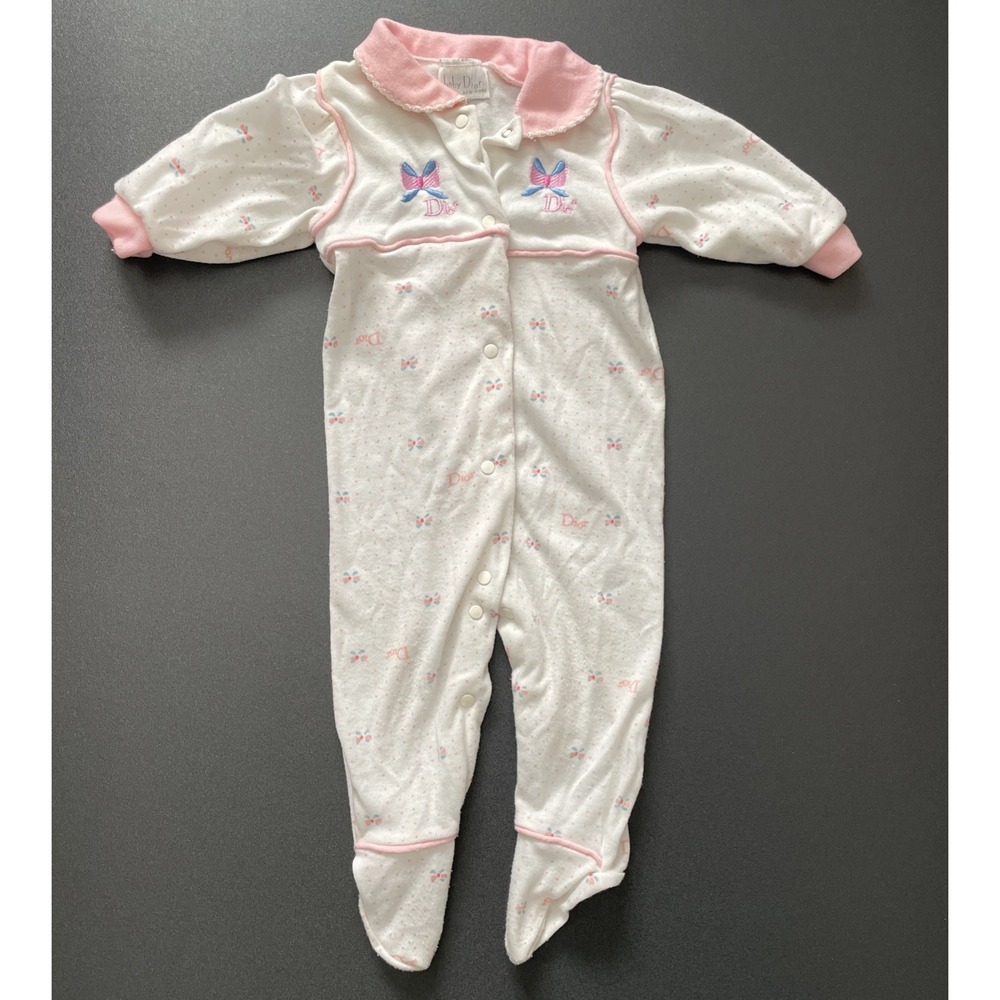 Vintage 90s Baby DIOR Romper 3-6  Months Medium Cotton, Pink Bows Christian Dior